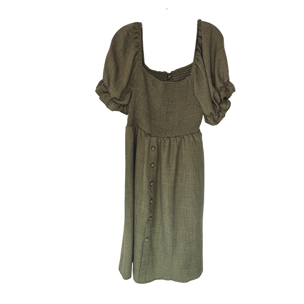 Women's Olive Green Smocked Puff Sleeve Button Front Midi Dress 2XL Plus